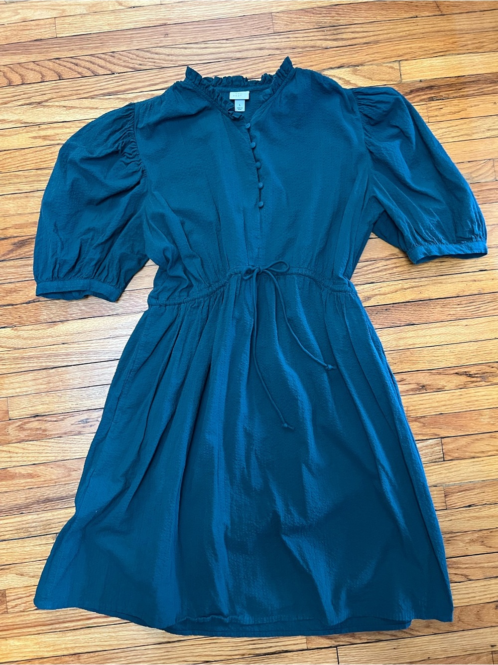 a new day Button Collar Puff-Sleeve Tie-Waist Dress, Teal Green